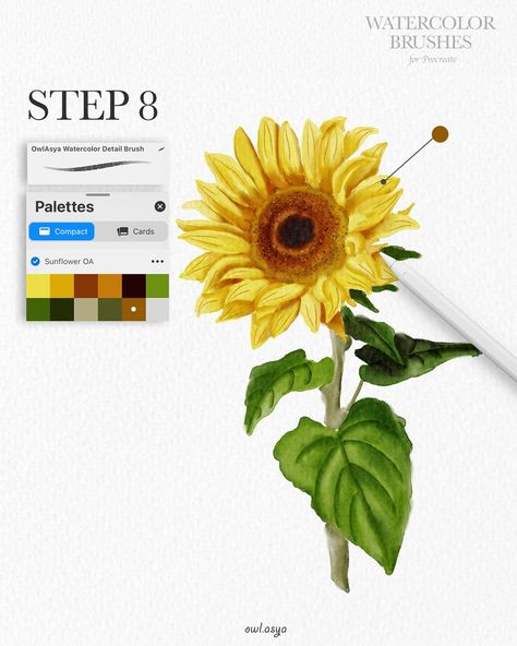 Step by Step Tutorial in Procreate - Sunflower 🌻 ✏️ The sketch, color palette are available in my Gumroad for free. Link in bio ✨ ✏️ Watercolor Brushes for Procreate, available on sale in my ETSY shop or Gumroad! Link in bio✨ ✏️ More video tutorial in my YouTube channel ✨ If you have enjoyed this tutorial, please, subscribe and like =) Thank you for watching🥰 #procreatebrushes #procreate #watercolor #digitalwatercolor #stepbystep #tutorial #reels #procreatebrushset #sketching #ipad #digita... Procreate Watercolor, Free Brushes, Brushes For Procreate, Procreate Tutorial, Baby Illustration, Kid Character, Procreate Brushes, Watercolor Brushes, Digital Watercolor