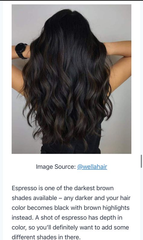 Medium Brown Highlights On Black Hair, Black Dark Brown Balayage, Super Dark Hair Color Ideas, Golden Highlights Black Hair, Dark Hair With Dark Brown Highlights, Black Vs Dark Brown Hair, Black Hair With Deminsion, Espresso Brown Balayage, Cool Balayage On Dark Hair