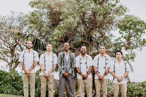 Tropical wedding • Hawaii Wedding • Oahu Wedding • Turtle Bay Resort • Tropical wedding florals • beach wedding  • hawaii wedding photography • sunset wedding • groomsmen • grey suit • hawaii groom Hawaii Groomsmen Attire, Tropical Wedding Groomsmen, Jacob Aesthetic, Tropical Wedding Florals, Beach Wedding Color Palette, Hawaiian Wedding Themes, Polynesian Wedding, Wedding Guest Men, Beach Wedding Makeup