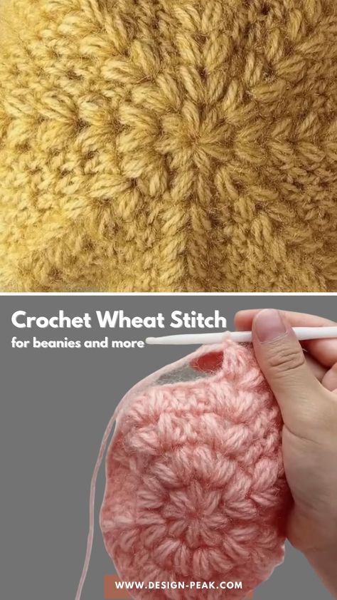 Crochet Wheat Stitch for Beanies and More – Tutorials & More Crochet Lessons Tutorials, Crochet Wheat, Wheat Stitch, Knitted Squares, Wool Sheep, Crochet Baby Hat Patterns, Lace Tape, Baby Hat Patterns, Peak Design