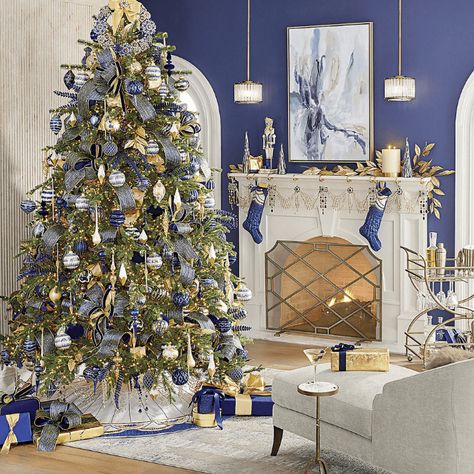 Designer Christmas Tree, 2024 Colors, Blue Christmas Tree Decorations, Designer Christmas, Holiday Furniture, Slim Tree, Flocked Christmas Trees Decorated, Tree Themes, Blue Christmas Tree