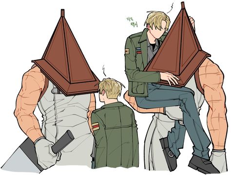 Silent Hill Pyramid Head Fanart, Leon X James, James Sunderland X Pyramid Head, James X Pyramid Head, Pyramid Head X James, Silent Hill Art, Pyramid Head, Scary Movie Characters, Horror Villains