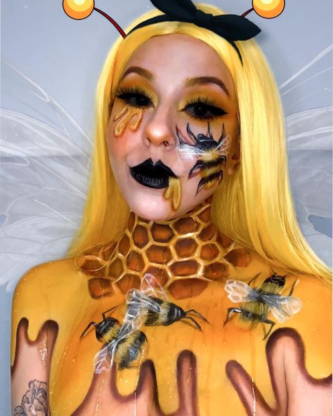 Contact Lenses Aesthetic, Bee Makeup Look, Lenses Aesthetic, Bee Costume Makeup, Honey Bee Makeup, Bee Face Paint, Honey Costume, Bee Makeup, Pop Art Makeup