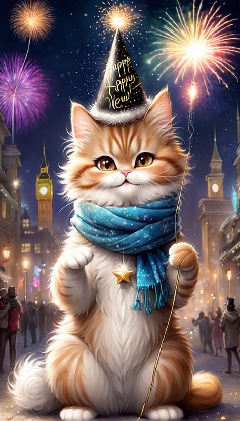 Happy New Year Pictures, Gatto Carino, Kitten Images, Happy New Year Gif, Happy New Year Wallpaper, Kitten Art, Happy New Year Images, Söt Katt, Image Chat