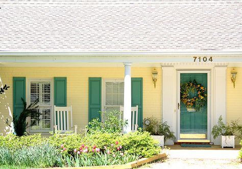 Green Door | www.brightboldbeautiful.com Colorful Front Door… | Flickr Shutters Around Front Door, Yellow House Green Shutters, Yellow House Shutter Colors, Aqua Shutters, Grey Shutters, Teal Shutters, Yellow House Exterior, Door Shutters, Teal Door