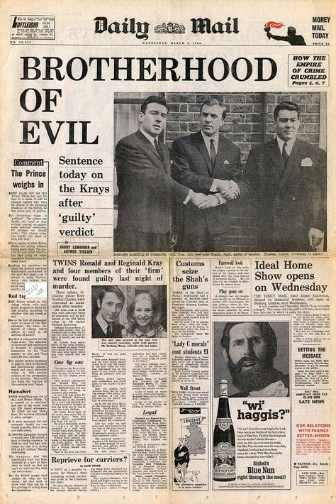 Frances Shea, Ronnie Kray, Reggie Kray, Kray Twins, The Krays, Don Corleone, Newspaper Front Pages, Newspaper Headlines, Historical Newspaper