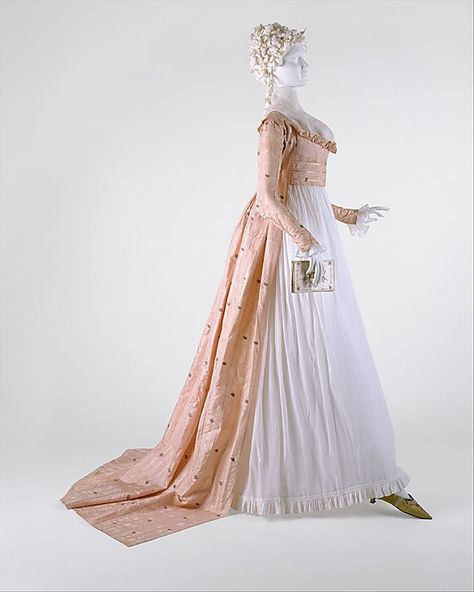 Dress  Date: 1790s Culture: American Medium: silk Dimensions: Length at CB: 70 in. (177.8 cm) Credit Line: Purchase, The Coby Foundation Ltd. Gift, 1998 Accession Number: 1998.269 1790s Dress, 1790s Fashion, 1700 Fashion, 18th Century Dress, 18th Century Clothing, Century Dress, Regency Fashion, 18th Century Fashion, Century Clothing