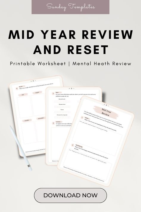 Mid Year Review Worksheet | Gratitude journal | Wins journal | Goals journal | Mental Heath Review | Personal Development Review | Relationships Review | Finances Review | Mid Year planning | PDF Mid Year Review, Productivity Templates, Thankful Activities, Journal Goals, Goals Journal, Year Planning, Thanksgiving Worksheets, Goals Printable, Year Review