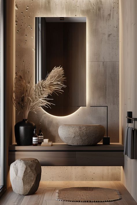 20 Amazing Powder Room Ideas - Remodr Powder Room Elegant Modern, Dramatic Powder Room Ideas, Luxury Powder Room Design Modern, Zen Powder Room, Brown Powder Room, Hotel Bathroom Ideas, Unique Powder Rooms, Large Powder Room, Luxury Powder Room Ideas