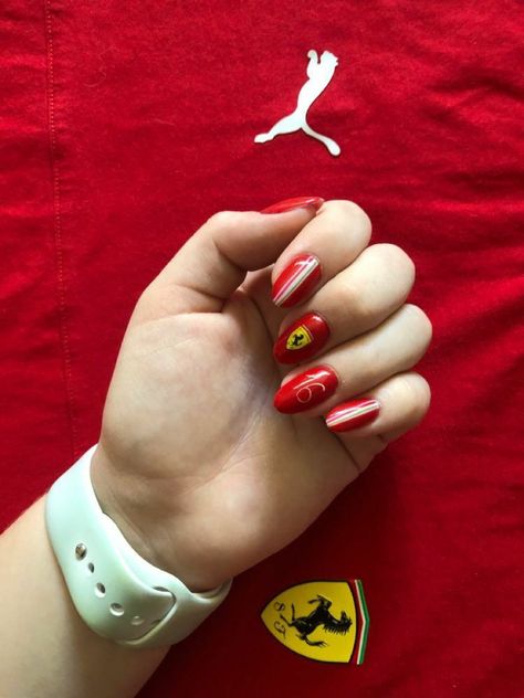 Charles Leclerc Nail Art, Formula One Inspired Nails, F1 Acrylic Nails, Ferrari F1 Nail Art, Charles Leclerc Inspired Nails, Ferrari Nail Design, Ferrari Inspired Nails, F1 Nail Ideas, F1 Tattoo Ideas Ferrari