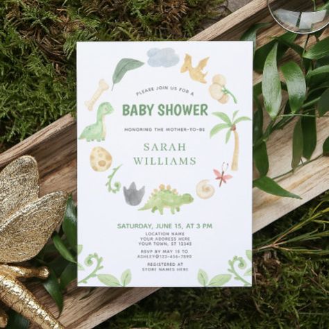 Dinosaur Green Watercolor Wreath Baby Shower Invitation #zazzle #weddinginvitations #birthdayinvitations #babyshowerinvitations #zazzleinvitations #monogram #businesscards #graduation #homedecor Dinosaur Hatching, Dinosaur Watercolor, Baby Boy Invitations, Watercolor Baby Shower, Baby Dinosaur, Green Dinosaur, Perfect Girl