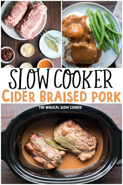 Slow Cooker Cider Braised Pork Roast is a wonderful fall meal that has a delicious cider and apple butter gravy. - The Magical Slow Cooker Cider Braised Pork Roast, Slow Cooker Cider, Pork Shoulder Roast Crock Pot, Braised Pork Roast, Crockpot Pork Shoulder, Cider Braised Pork, Pork Roast With Gravy, Butter Gravy, Slow Cooker Pork Shoulder