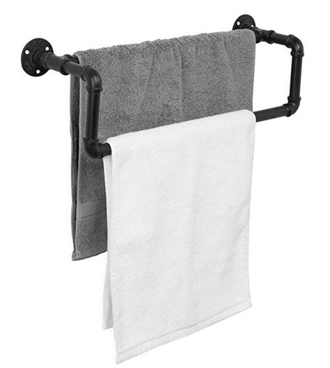 Masculine Bathroom Decor, Pipe Towel Bar, Bathroom Industrial Chic, Pipe Clothes Rack, Black Towel Bar, Diy Coat Rack, Bath Towel Racks, Pipe Rack, Wall Mounted Towel Holder