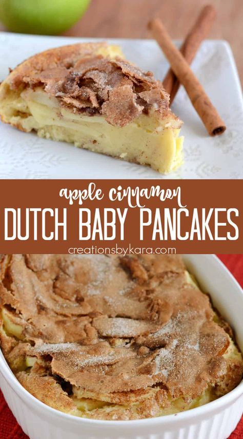 Everyone loves these Apple Cinnamon Dutch Babies. Also known a German pancakes, they puff up in the oven and are so delicious! #ovenpancakes #dutchbabies #cinnamonappledutchbabies #breakfastrecipe #puffpancakes -from creationsbykara.com Apple Dutch Baby, Dutch Baby Pancakes, Oven Pancake, Oven Pancakes, Dutch Pancakes, Baby Pancakes, Dutch Baby Pancake, Diy Easy Recipes, Dutch Oven Cooking