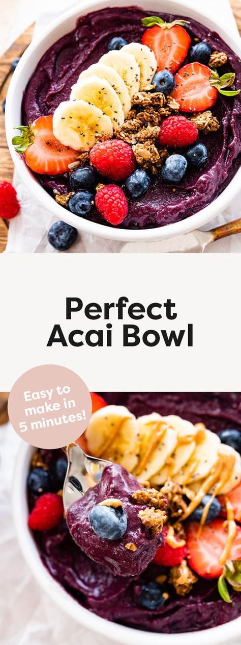 Here's how to make a thick and creamy acai bowl at home in just 5 minutes! It's a healthy and refreshing snack or breakfast that can be customized with your favorite toppings. Peanut Butter Acai Bowl, Acai Bowl Recipes Healthy, Acai Bowl Recipe Easy, Homemade Acai Bowl, Acai Bowl Recipe, Bowl Recipes Easy, Açaí Bowls, Acai Bowls Recipe, Healthy Bowls Recipes