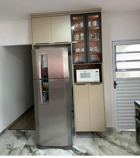 Fridge Unit Design, Crockery Unit With Microwave, Fridge Unit Kitchen Designs, Kitchen Crockery Unit Design, Kit Net, Crockery Cabinet Design, Pooja Door, Fridge Design, Fridge Cabinet