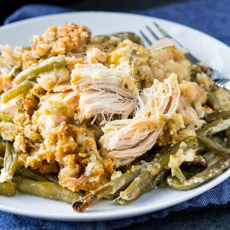 Crock Pot Chicken and Stuffing with Green Beans - Spicy Southern Kitchen Crock Pot Chicken And Stuffing, Crockpot Green Beans, Creamy Crockpot Chicken, Beans In Crockpot, Chicken And Stuffing, Chicken Stuffing, Chicken Green Beans, Family Fresh Meals, Crockpot Dinners