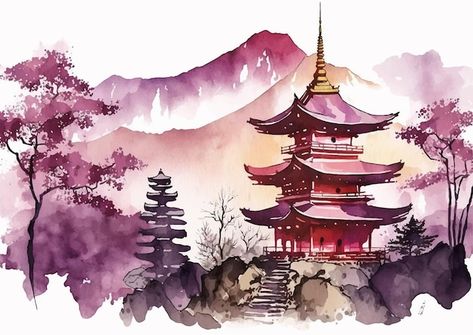 Japanese People Drawing, Chinese Temple Painting, Chinese Pagoda Drawing, Chinese Temple Drawing, Japanese Pagoda Drawing, Japanese Temple Painting, Japanese Temple Drawing, Temple Chinese, Ancient Japanese Architecture