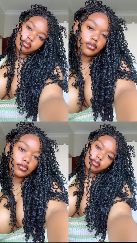 Passion twists Braids Selfie Ideas, Curly Natural Braids, Black Protective Hairstyles Braids Short, Curly Braids For Black Women, Track Fits, Thick Hair Problems, Invisible Locs, Long Locs, Big Box Braids Hairstyles