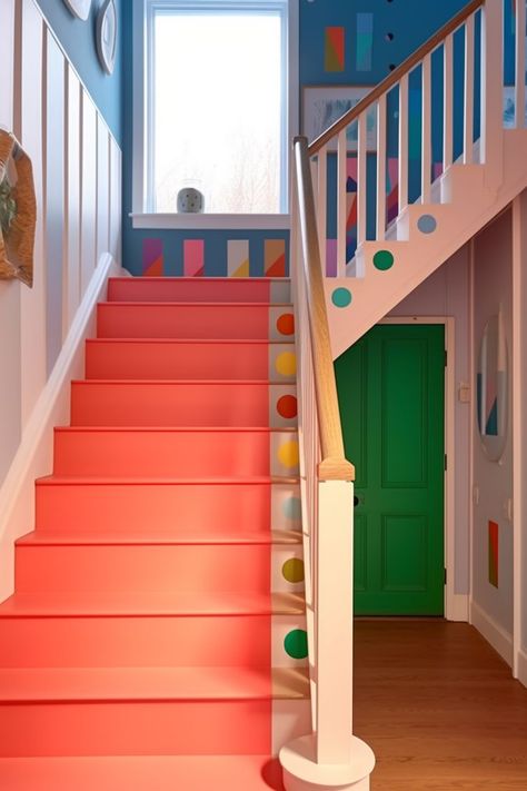 make it colorful! don't be afraid of colors, let's play! #interior #playfulinterior #interiordesign #stairsideas 🫧 Stairs Design Luxury, Colorful Stairs, Unique Stairs, Lightning Ideas, Room Wall Stickers, Watercolor Dots, Kids Room Wall Stickers, Staircase Wall, Painted Stairs