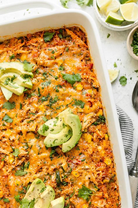 Easy, healthy, and family friendly, this Chipotle Quinoa Casserole with Chicken boasts familiar Tex-Mex flavors. Great for busy nights! Autoimmune Meals, Quinoa Casserole Recipes, Casserole With Chicken, Quinoa Casserole, Real Food Dietitians, 2b Mindset, Pre Cooked Chicken, Healthy Casseroles, Quinoa Recipes