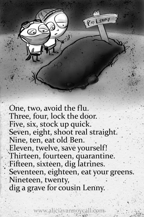 30th in my series of Apocalyptic Nursery Rhymes: One, Two, Avoid the Flu. Read about the project here: http://aliciavannoycall.blogspot.com/2014/02/apocalyptic-nursery-rhymes.html Scary Nursery Rhymes, Creepy Nursery Rhymes, Creepy Poems, Dark Nursery, Short Creepy Stories, Nursery Songs, Creepy Facts, Halloween Tree, Short Poems