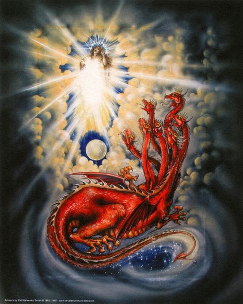 Revelation 12:1-3 - "And there appeared a great wonder in heaven; a woman clothed with the sun, and the moon under her feet, and upon her head a crown of twelve stars: And she being with child cried, travailing in birth, and pained to be delivered. And there appeared another wonder in heaven; and behold a great red dragon, having seven heads and ten horns, and seven crowns upon his heads." Beast Of Revelation, The Red Dragon, Bible Artwork, Revelation Bible, Revelation 12, Dragon Series, Healing Balm, Prophetic Art, Book Of Revelation