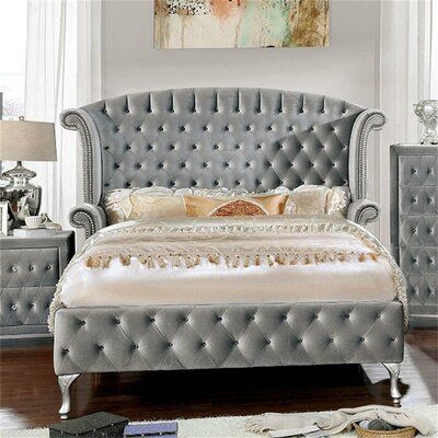 Simple Relax Comforting cushioned flannelette encompasses this chic gray bed. Admire the glamorous wing-back headboard as glimmering acrylic button tufts and framing nailhead trim dazzles, which bring all appeal to the bed. Cabriolet feet add a finishing polish as they provide unwavering support to this elegant bed. Size: King Button Tufted Bed, Grey Bedroom Set, Upholstered Sleigh Bed, Eastern King Bed, Tufted Bed, Elegant Bedding, Wingback Headboard, King Bedroom Sets, California King Bedding