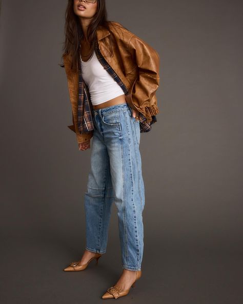 Introducing the Muse. We made a barrel jean. Thank us later. Camel Leather Jacket, Party Bottoms, Brown Faux Leather Jacket, Concert Dresses, Bridal Tops, Light Jeans, Nyc Shopping, Top Wedding Dresses, New London