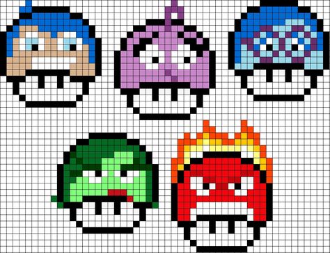 Inside Out mushroom characters perler bead patterns Inside Out Perler Bead Patterns, Pixel Art Inside Out, Mushroom Perler Bead Patterns, Pixel Art Mushroom, Mushroom Pixel Art, Mushroom Characters, Mushroom Pixel, Modele Pixel Art, Easy Perler Beads Ideas