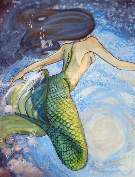 Lime green highlights Mermaid Brown Hair, Acrylic Ocean, Watercolor Mermaid, Mermaid Painting, Paintings Famous, Mermaids And Mermen, Vintage Mermaid, Mermaid Life, Beautiful Mermaids