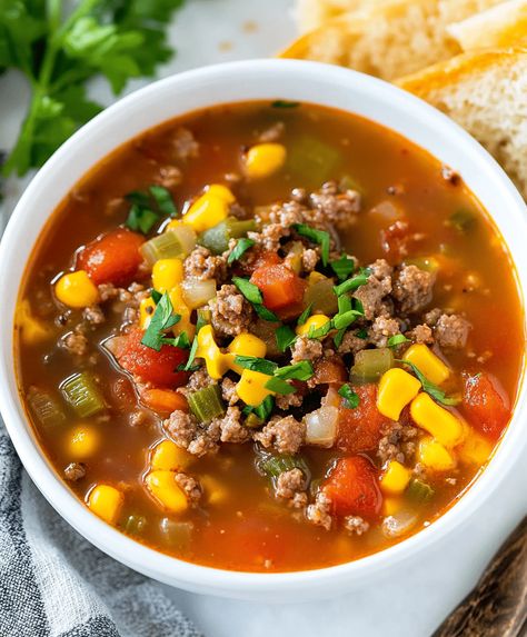 Hamburger Soup Recipe Hamburger Soup Pioneer Woman, Hamburger Vegetable Soup Easy, Hamburger Soup Recipe Easy, Soup With Hamburger Meat, Hamburg Soup, Burger Soup, Hamburger Soup Recipe, Tomato Paste Recipe, Healthy Hamburger