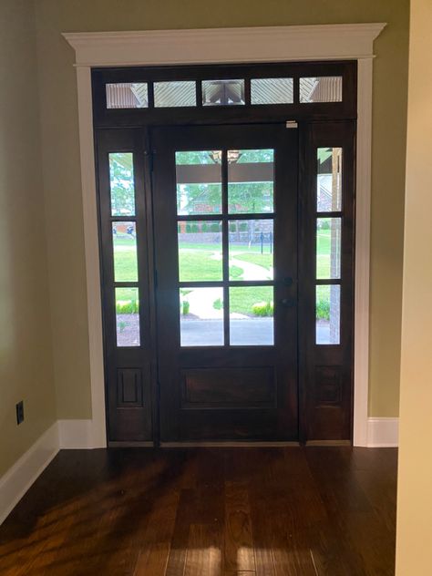 Front Entry Doors With Sidelights And Transom, Front Doors With Transom And Sidelights, Front Door With Transom Above, Front Door With Sidelights And Transom, Interior Front Door Color, Modern Antebellum, Craftsman Style Front Door, Craftsman Style Front Doors, Door With Transom