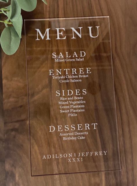 Salmon Sides, Teriyaki Chicken Breast, Menu Board Restaurant, Wedding Business Ideas, Wedding Food Menu, Laser Engraved Acrylic, Dining Menu, Salad Mixed Greens, Laser Cut Wedding