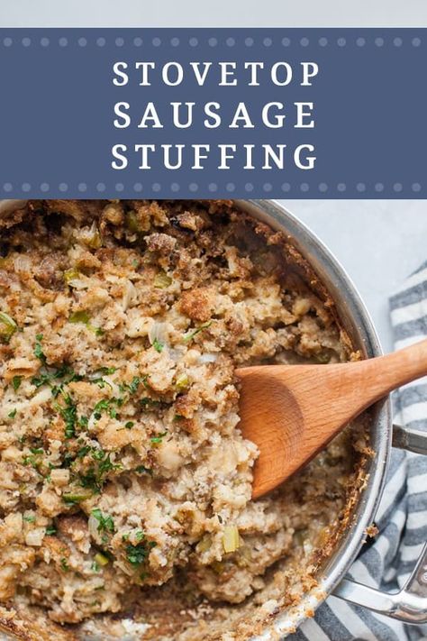 Stovetop Sausage Stuffing is the best stuffing recipe for the holidays! It's made on the stove, so you don't have to worry about it taking up room in your oven. The browned sausage adds so much flavor and you won't believe that there are only FIVE ingredients in this easy stovetop sausage stuffing recipe! via @joyfullymad Sausage Stuffing Stovetop, Stove Top Stuffing Add Ins, Campbell's Recipes, Gf Thanksgiving, Stuffing Turkey, Stovetop Stuffing, The Best Stuffing, Crock Recipes, Classic Stuffing