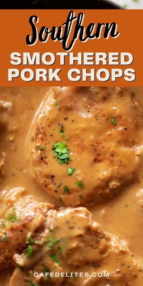 Southern Smothered Pork Chops is a delicious and easy dinner recipe perfect for any night of the week. A Southern classic comfort food, crispy coated pork chops smothered in a rich onion gravy makes this a feast you will keep coming back to! The best way to eat a chop is with sauce, and this recipe has plenty of gravy. Easy Pork Chop Meals For Dinner, Pork Chops Gravy Easy, Pounded Pork Chop Recipes, Southern Meat Recipes, Center Pork Chop Recipes, Recipes For Boneless Pork Chops, Gravy Recipe For Pork Chops, Pork Chops Smothered, Country Style Pork Chops