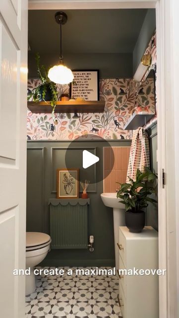 Dunelm on Instagram: "Would you LOO-k at this! 🚽 With self-adhesive tiles and pre-cut paneling, plus paper you can put up easy-peasy, doing up a little loo needn’t be a mammoth job. Here’s our stylist Fran to show you how...   #TheHomeofHomes  Products Featured: Dunelm Lilypad Matt Emulsion Paint - From £16 Panel Moulding Kit - £12 Monkey Walk Ochre Wallpaper - £12 Floorpops Stellar Self Adhesive Floor Tiles - £16 Ashwell Traditional Bathroom Pendant Light - £35 (30% off) Heart and Soul Scalloped Mirror - £34 Ripon Bathroom Wall Light - £26.60 Scallop Wooden Border - £12  [Video description: this is a short video showing a downstairs loo being transformed from plain white to colourful, with wallpaper, stick-on tiles and paneling, and sage-green paint.]" Downstairs Loo Wallpaper Ideas, Dunelm Lilypad Paint, Downstairs Toilet Tiles, Paneling And Wallpaper Bathroom, Small Downstairs Bathroom Ideas, Downstairs Loo Ideas, Cloakroom Toilet Ideas Downstairs Loo, Downstairs Toilet Panelling, Downstairs Toilet Ideas Quirky