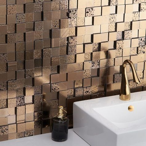 Sample-Magma Bronze 3D Squares Lava Stone Mosaic Tile Tile Accent Wall Bathroom, Mosaic Tile Fireplace, Custom Mosaic Tile, Tile Accent Wall, Wall Mosaic, Copper Tiles, Sleek Bathroom, Stone Mosaic Tile, Bathroom Red