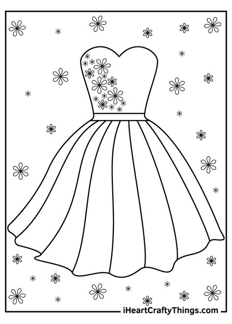 Wedding Dress Coloring Pages, Dress Coloring Pages Fashion Designers, Barbie Dress Drawing, Drawing Of Dresses, Art Dress Drawing, Dress Art Drawing, How To Draw A Dress, Dress Line Art, Princess Dress Drawing