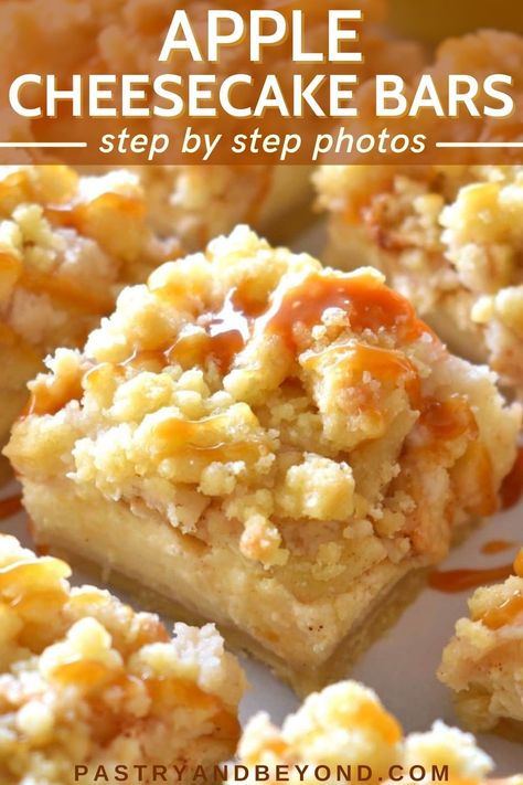 Winter Bar Recipes, Apple Bar Recipes Easy, Recipes With Shortbread Crust, Carmel Apple Cheesecake Bars Easy, Dessert Apple Recipes, Apple Crisp Cheesecake Bread, Apple And Cream Cheese Recipes, Apple Cheesecake Cookies, Premade Cheesecake Filling Recipes