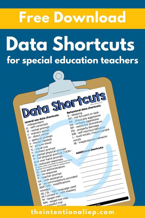 Simplify data collection in your special education classroom with these Data Collection Shortcuts. These shortcuts can save you time and energy while collecting data on IEP goals, progress monitoring, and communicating with parents and the IEP team. This free Data Collection Printable includes shortcuts for any type of data collection including behavior data. These shortcuts can be added to your para binder, sub binder, or IEP binder. Grab this free data collection printable here. Preschool Iep Data Collection, Special Education Progress Monitoring, Iep Data Binder, Special Education Data Collection, Iep Binder, Iep Progress Monitoring Data Sheets, Special Education Curriculum, Data Collection Special Education, Teacher Data