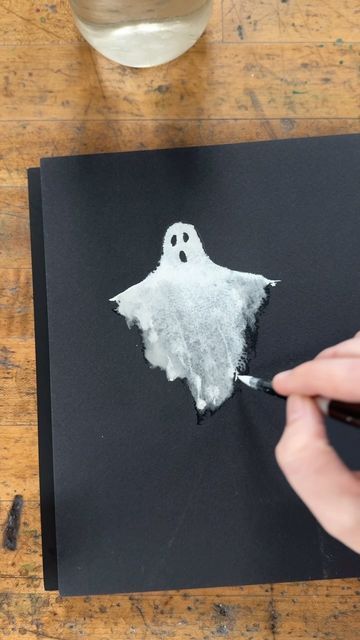 S A R A H C R A Y on Instagram: "Painting a ghost using the same technique but on black watercolor paper and white paint (as someone suggested!) I love how he turned out 👻" Ghost Sketch Simple, Halloween Watercolor Ideas, How To Paint A Ghost, Halloween Watercolor Art, Ghost Watercolor, Black Watercolor Paper, Ghost Painting, Halloween Art Projects, Halloween Watercolor