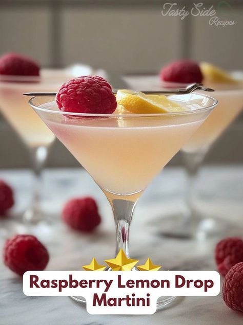 Flavorful side | Raspberry Lemon Drop Martini | Facebook Raspberry Lemon Drop Martini, Raspberry Lemon Drop, Raspberry Martini, Martini Ingredients, Lemon Drop Martini, Raspberry Syrup, Lemon Raspberry, Triple Sec, Lemon Slice