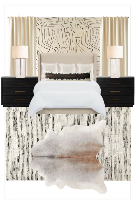 Shop our finds from this luxury primary bedroom! Our design team curated a modern, eclectic, and sophisticated space, and now you can shop this design inspiration here! Luxury Primary Bedroom, Black And Neutral Bedroom, Wallpaper Neutral, Modern Eclectic, Neutral Bedroom, Cowhide Rug, Primary Bedroom, Modern Bedroom Design, Grasscloth Wallpaper