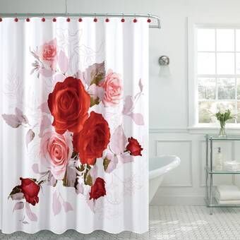 Pink And Red Bathroom, Red Bathroom Ideas, Fancy Shower Curtains, Floral Bathroom Decor, Rose Shower Curtain, Red Bathroom, Floral Bathroom, Cool Shower Curtains, Red And White Roses