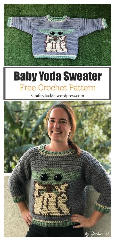 Baby Yoda Sweater Free Crochet Pattern Star Wars Crochet, Clothes Sweater, Crochet Sweater Pattern Free, Crochet Stars, Haken Baby, Crochet Woman, Sweater Crochet Pattern, Crochet Blouse, Kids Sweater