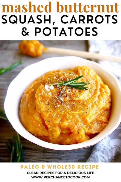 Healthy Paleo, Whole30, Dairy-free Mashed Butternut Squash, Carrot, and Potatoes. Butternut Squash And Carrot Puree, Butternut Squash Butter, Carrots And Butternut Squash, Mashed Squash, Mashed Butternut Squash, Autumn Side Dishes, Mash Recipe, Cook Healthy, Butternut Squash Recipes