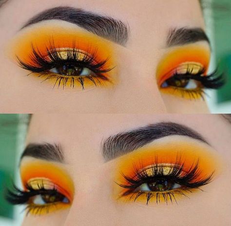 before and after Sunset Eyes, Yellow Eye Makeup, Make Up Gold, Orange Eyeshadow, Drag Make-up, Trendy Eyeshadow, Video Makeup, Pink Eye Makeup, Makijaż Smokey Eye