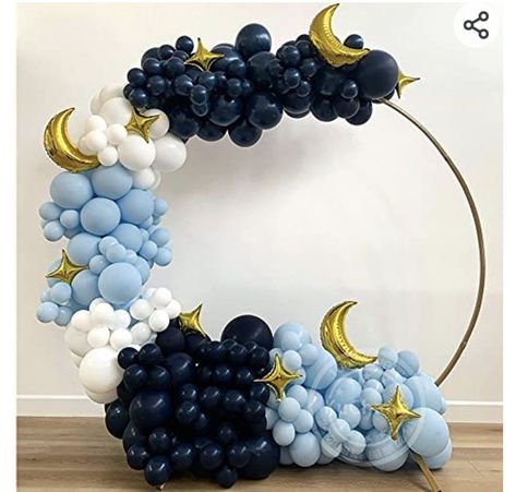 Starry Night Balloon Garland, Crescent Moon Balloon Arch, Starry Night Balloons, Over The Moon Balloon Garland, Acotar Baby Shower Ideas, Navy Blue Baby Shower Ideas, Over The Moon Balloon Arch, Over The Moon Centerpiece Ideas, Galaxy Baby Shower Ideas