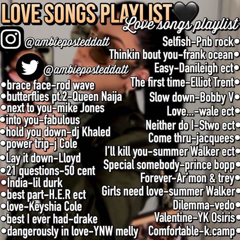 帖子页🦋!(watch my story↖️) on Instagram: “love songs playlist🖤🧸.! ——————————— ♡︎-𝑓𝑜𝑙𝑙𝑜𝑤 @ambieposteddatt 𝑓𝑜𝑟 𝑚𝑜𝑟𝑒𝑒 𝑙𝑖𝑘𝑒 𝑡ℎ𝑖𝑠💕 ♡︎-𝚋𝚊𝚌𝚔𝚞𝚙🐍: @ambieposteddattt 🦋.! ♡︎-𝑑𝑚 𝑚𝑒 𝑓𝑜𝑟…” Rap Love Songs, Simp Playlist, Music For Instagram Stories, Lit Playlists, Music For Instagram, Party Music Playlist, Rap Music Playlist, Relationship Songs, Rap Playlist